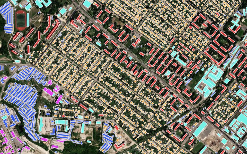 Building polygons coloured by building type