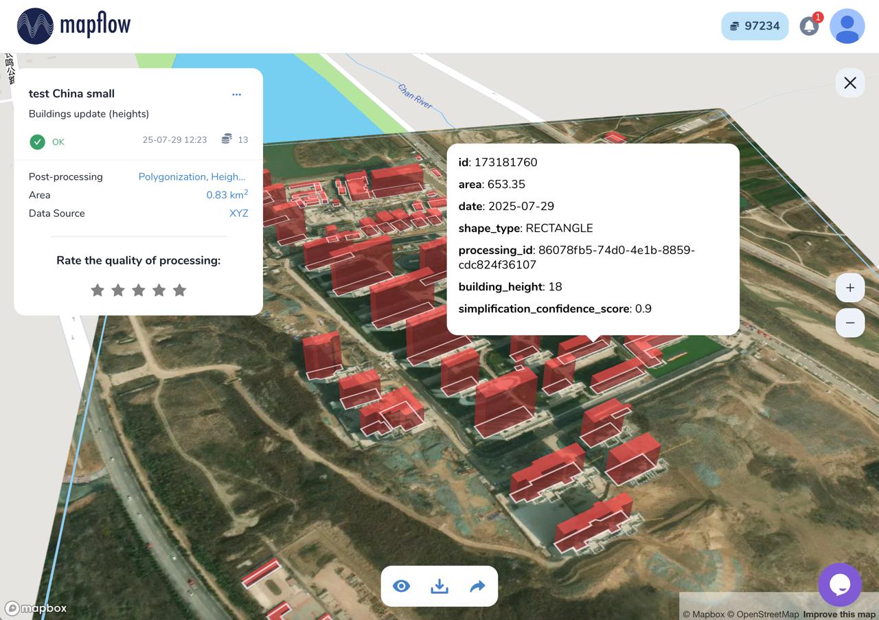 Processing result of buildings model with height estimation in Mapflow Web