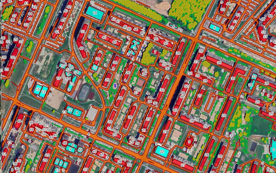 Buildings, roads and forest layers over a dense urban area