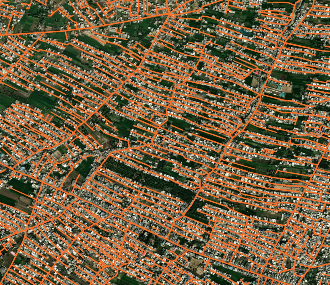 Extracted road network over a dense, irregular city