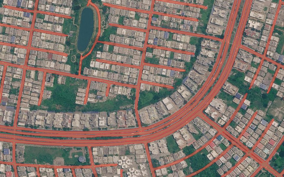 Polígonos de la red de carreteras en una zona suburbana